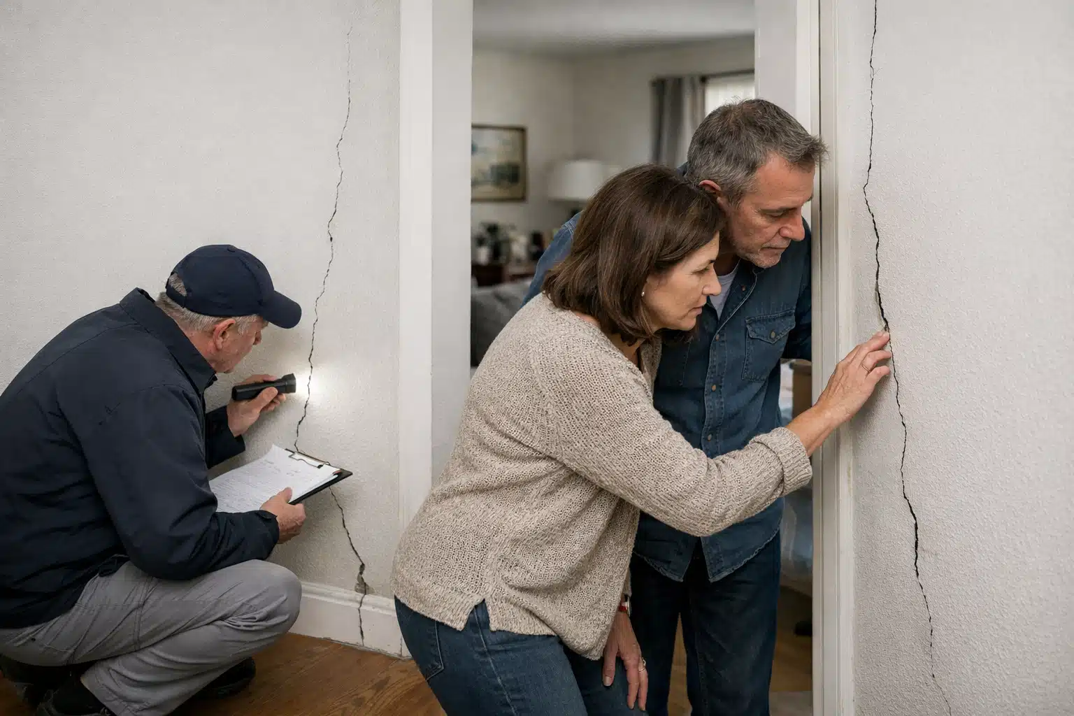 Couple examinant une fissure dans l'encadrement de porte