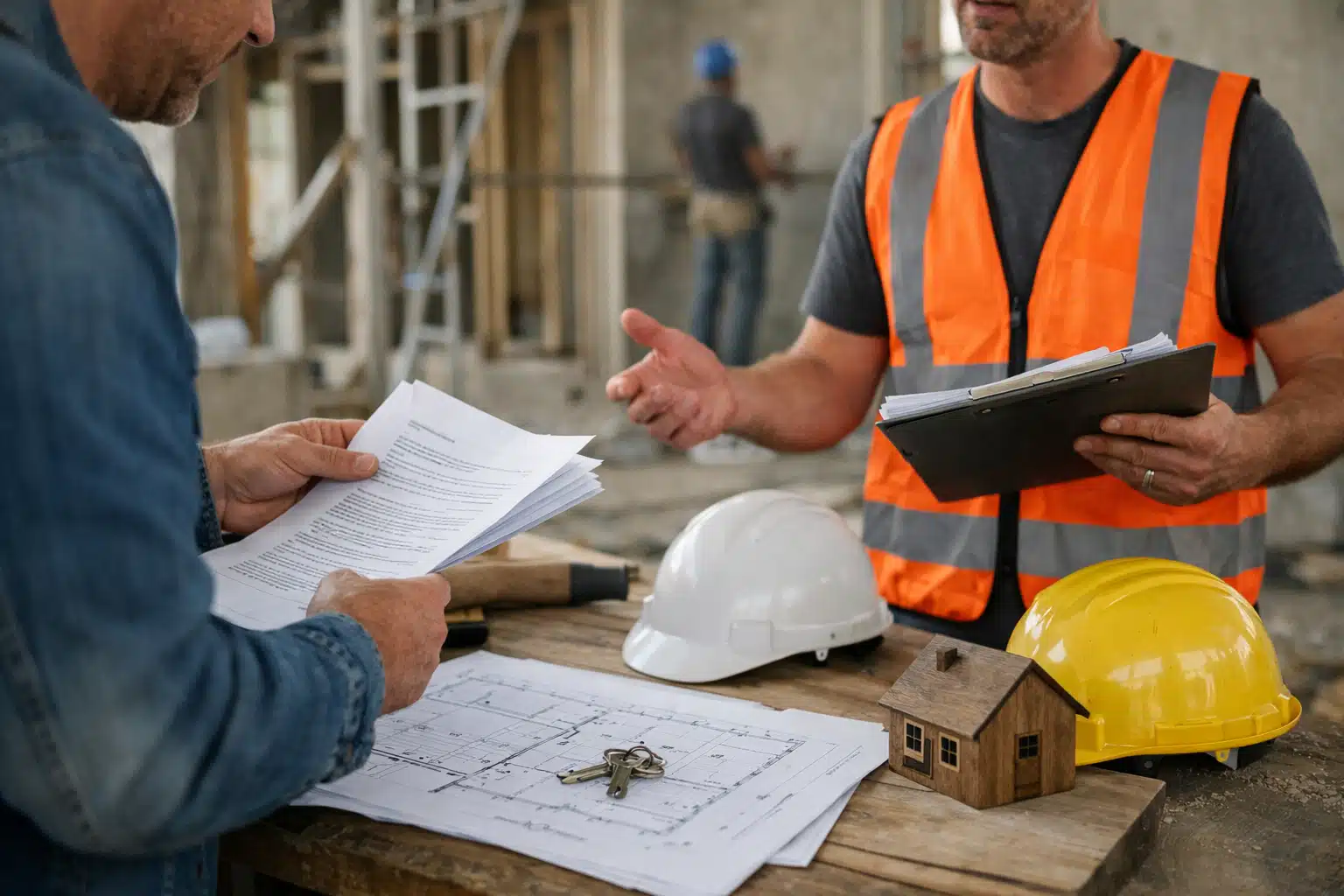 Ouvrier en gilet réfléchissant examinant plans de chantier