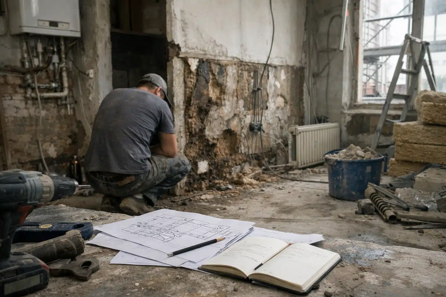 Ouvrier en train de décaper un mur intérieur