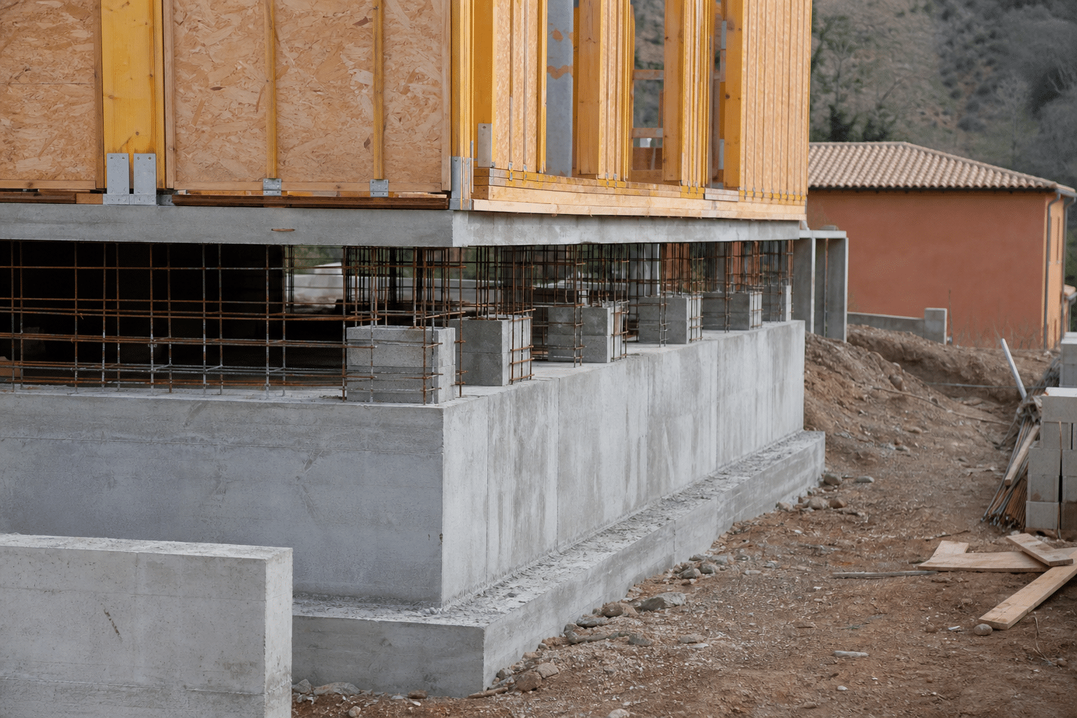 Fondations en béton sous ossature bois en construction