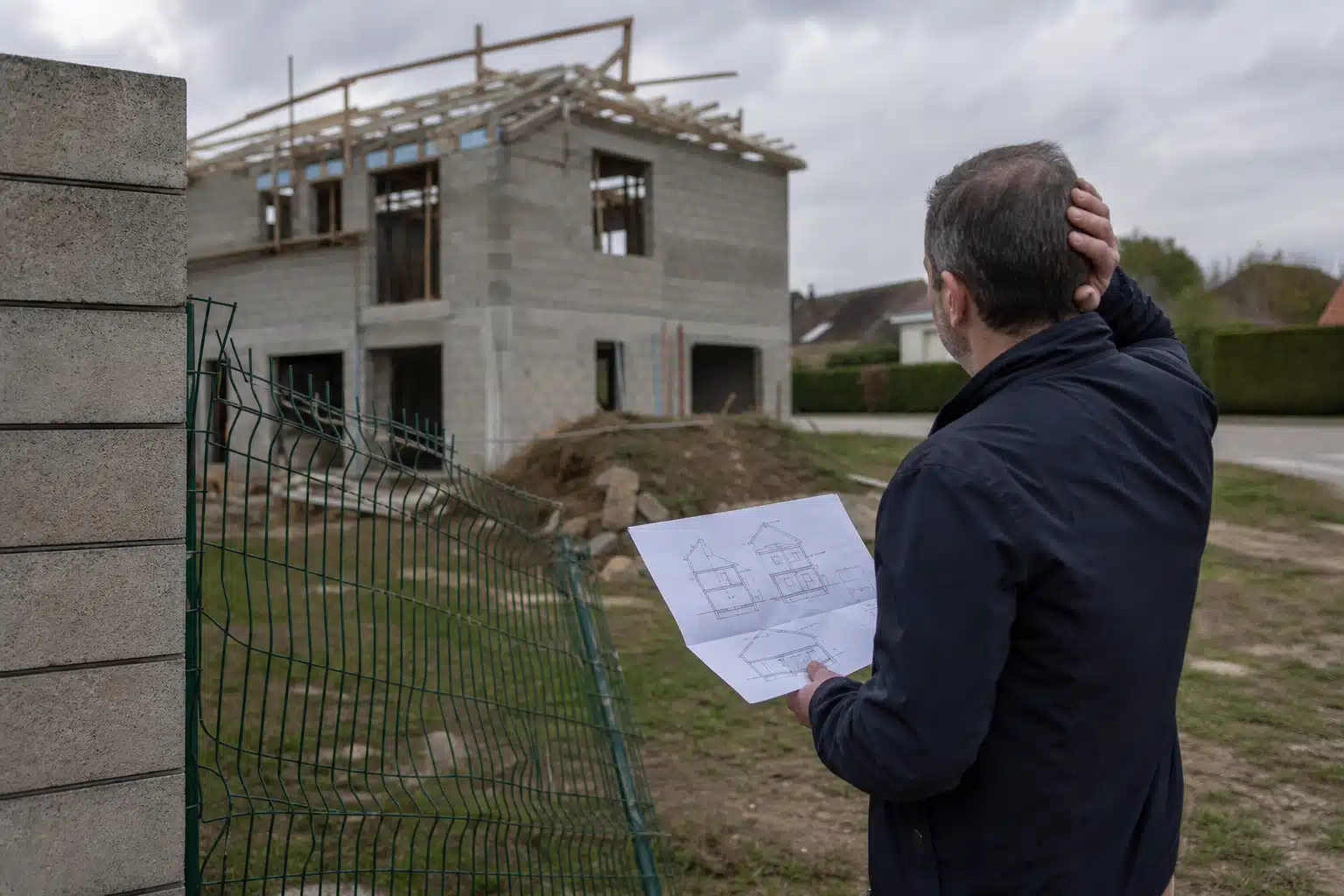 Homme inspectant des plans devant maison en construction
