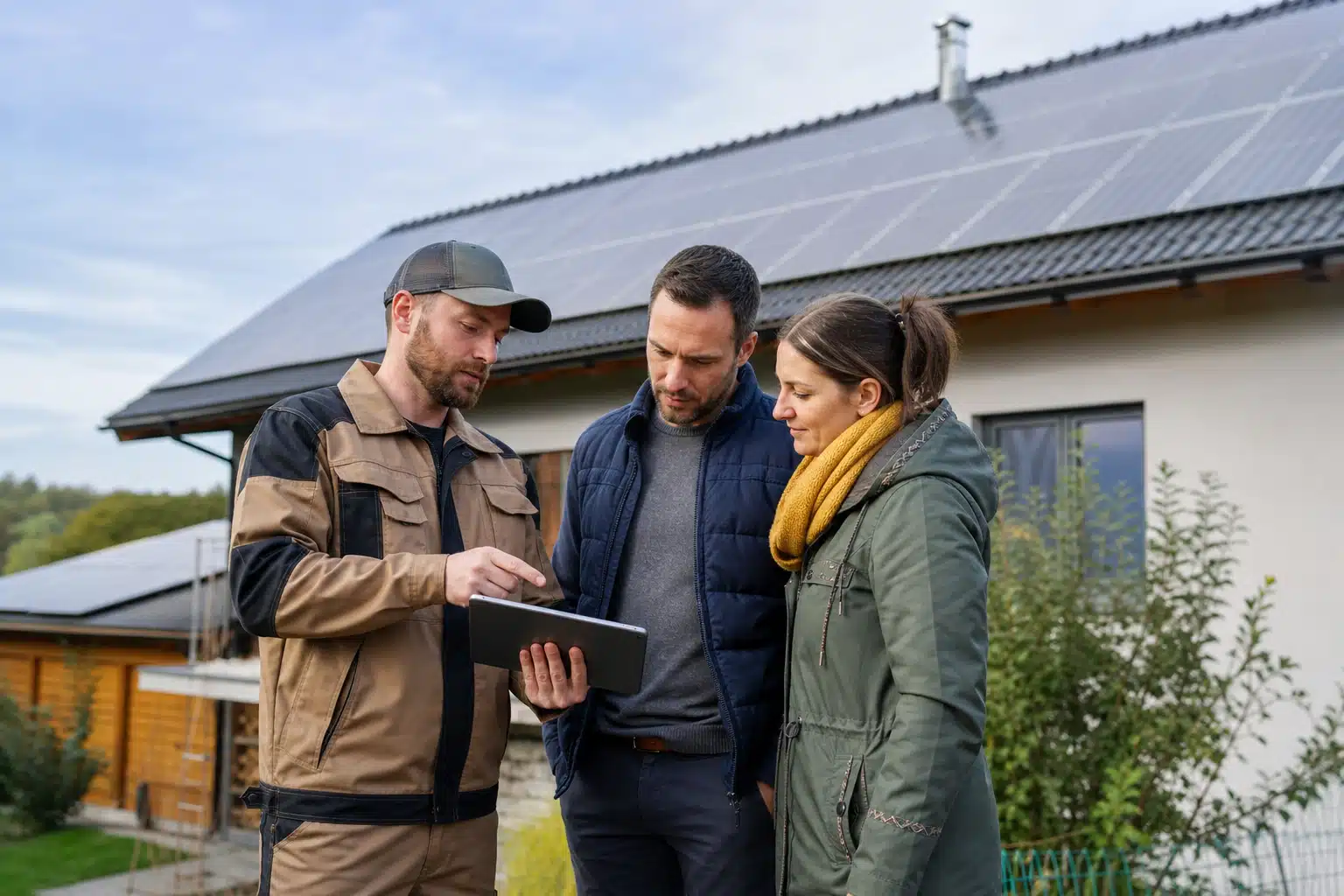 Technicien montrant une tablette à un couple devant panneaux solaires