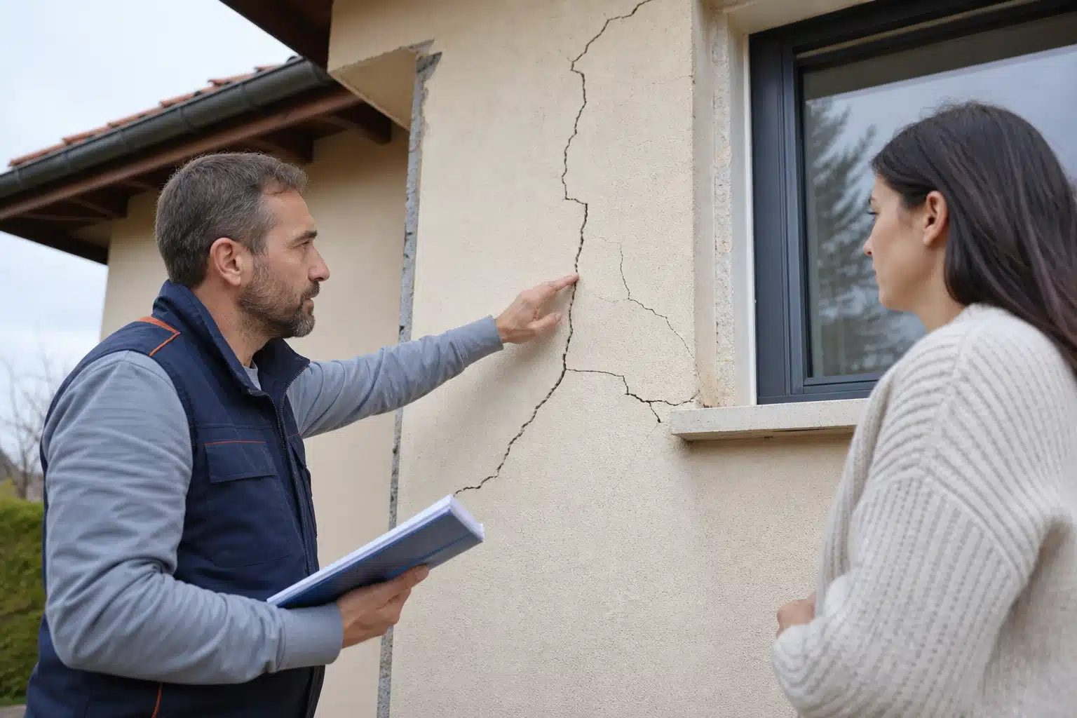 Inspecteur montrant une fissure près de la fenêtre