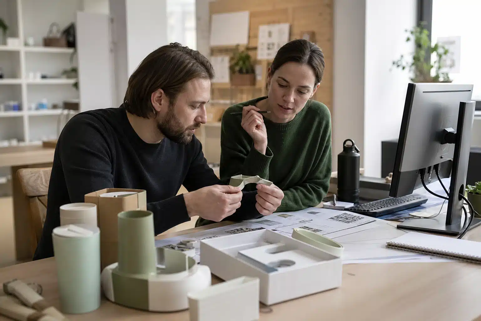 Deux designers vérifiant des nuanciers et prototypes